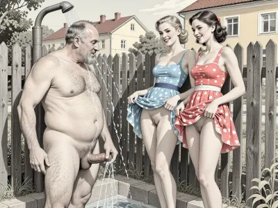 This is is a detailed monochromatic pencil drawing in a classical illustrative style depicts a scene set in USSR in 1950s, bright, colorful colors, the suburban area is divided by a fence, on one side of the fence a naked hairy obese old man with a flaccid penis is washing in the summer shower, on the other side of the fence 2 very beautiful nice skinny girls with seductive faces in summer sundresses are watching him, The girls lifted up the hems of their sundress, their very hairy pussies are visible, Vulgar smiles on the girls' faces, The overall mood is intense, rendered in fine, expressive line work and subtle shading, evoking the style of 1950s satirical or moralistic illustrations.
