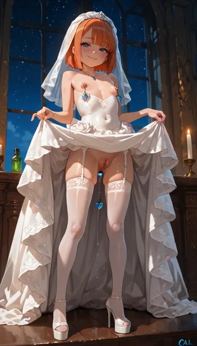 Night, fit body, horny, small breast, She standing by the altar, solo, manicure, calm and focused, ((young)), high platform heels, white stockings, (no panties), smile, Sexy transparent wedding dress, horny clitoris, horny anus, (glowing anal plug illuminates the entire space under the skirt), audaciously protruding aroused nipples, ((nipple jewelry piercing))