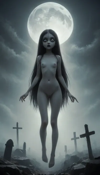 (Jack Cayless art style), a decaying cemetery at night. The full moon peeks through the clouds. White fog comes out of a grave. A ghostly girl suddenly appears out of the fog. She spreads her arms. She is flying up in the air. She is completely naked. She has unnaturally white skin. She has unnaturally fully black eyes and dark black lipstick, extremely long hair, unnaturally white hair, tiny body, short body, slim body, full nude, extremely short body, extremely small hips, small butt, extremely flat chest, Slight Dutch angle, floating in the air, misty, ghost, floating, mentixis, metix, ais-ghostly, flat, chested, <lora:PAseer-SDXL-MistyGhost:.8>, <lora:mentixis:.8>, <lora:Ghostly_Style_SDXL:.8>, <lora:ahxl_v1:2>, <lora:flat_chested_v3.5:2>