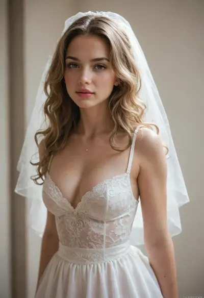 A young sexy blonde woman. She has long wavy hair. She is wearing a tightly fitted wedding dress. She has pink lipstick and heavy makeup. She is fit but has large tits and cleavage.