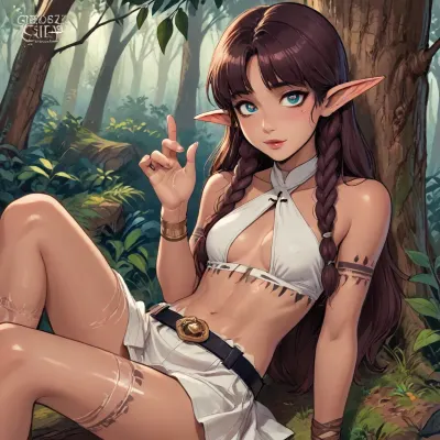ishtar from fate/grand order dross style reiq meets, woman, masterpiece, best quality, ultra-detailed, 4k, original, maximum details, high quality, high resolution, ultra high detailed character, highly detailed, Perfect face, perfect body, perfect eyes, green eyes, perfect pupils, perfect fingers, young adult, adult girl, very cute face, young face, girl low stature, petite, slim, athletic, (beautiful elf girl, tanned skin, white tribal tattoos, perfect beauty), brown hair, long hair braided in two braids, bangs, short white skirt, leather belt, white x-shape criss cross halter top, thin waist, flat breast, bare feet, (wide innocent delighted smile), emotional, energetic, in the forest, in dynamics, in motion, sitting on a big log, leaning back, searching behind the log, head turned, scenic view, long shot, far shot, reiq style, ratatatat74, lineart, line, art, flat, colors, color, <lora:LCMTurboMix_Euler_A_fix:1.1>, <lora:ratatatat74-000050:1.1>, <lora:mk_Bp Anime_xl:1>, <lora:lineartSDXL:1.7>