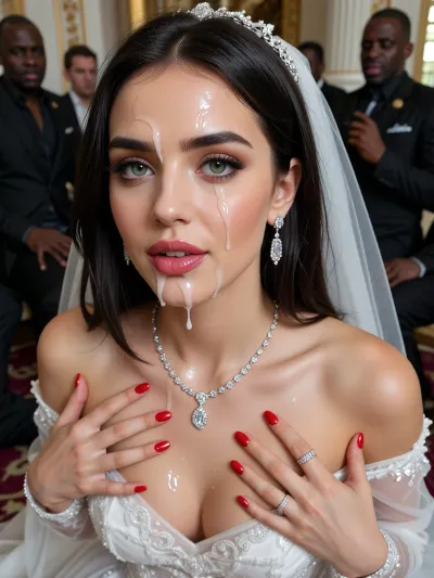 bukkake, cumshot on bride, cum on body, cumshot in her eyes, cum on her lips, red lips, cum on face, cum everywhere, a close up image of incredibly beautiful elegant turkish woman, 24 years old, onlyfansmodel, with big green eyes, perfect shiny eyes, medium length straight dark hair, cute face, perfect hair desing, full pink lips, She has a She has smooth and flawless skin, shy, perfect long red nails, prominent cheekbones, perfect hands, long diamond earrings, diamond wedding rigs, very realistic, 8K, very realistic.elegant and attractive facial features, smooth skin with natural texture, very white and very pale skin, perfect skin texture, diamond necklace, expressive eyes, soft feminine lines, no make-up, long eyelashes, dark eye makeup, captivating gaze, perfect nose, innocent look, very fair complexion, a fit body, ultra HD, realistic face, long legs. bride face in a sexy and erotic and elegance white plastic sheer transparent wedding dress, sitting on the ground, in the middle of a group of black men, sad face, black men are happy. in the palace, high quality, great detail.