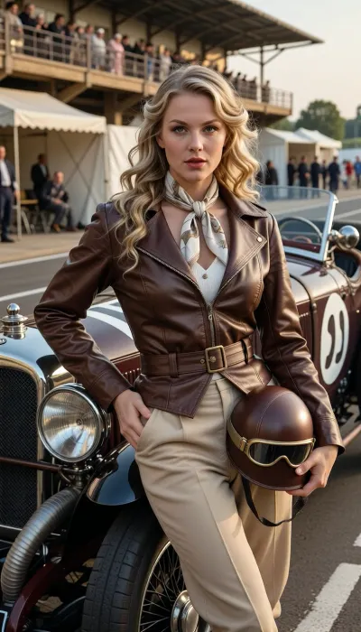 Image from a high-end historical documentary, shot on 35mm Kodachrome film with a soft-toned vintage color palette, 50mm portrait lens, f/2.0 aperture, shallow depth of field, natural and pronounced film grain, raw, unretouched photograph. Photorealistic rendering, 8K resolution, natural skin texture with visible fine pores and realistic micro-details.

Medium close-up shot of a stunning 25-year-old female race car driver from the 1920s, posing proudly beside her vintage race car. She has striking, refined European features and long, wavy blonde hair cascading naturally over her shoulders in soft, 1920s-style curls. She wears a fitted, period-accurate racing outfit, a brown leather driving jacket cinched at the waist with gold buttons, beige breeches, and a silk scarf loosely knotted around her neck. In one hand, she casually holds a classic brown leather racing helmet and vintage brass-framed goggles. Her face is rendered with great precision, including realistic highlights in her eyes.

Beside her stands a 1920s Mercedes-Benz SSK Grand Prix car, reproduced with meticulous attention to detail, an exposed polished aluminum hood, massive wire-spoke wheels, prominent dual headlights, flexible external exhaust pipes, and a bold white race number painted on the grille.

The scene takes place on a classic 1920s Grand Prix starting grid, bathed in the warm, slightly hazy light of late afternoon transitioning into early evening. In the background, wooden grandstands filled with spectators in period attire, canvas pit tents, and a track blending dirt and asphalt stretch into the distance. The warm, direct light of the "golden hour" bathes the scene, creating realistic highlights on the metal bodywork and the texture of the leather jacket, while casting soft, striking shadows. The overall lighting evokes nostalgia and romance—an aesthetic that is authentic and evocative of 1920s motor racing.