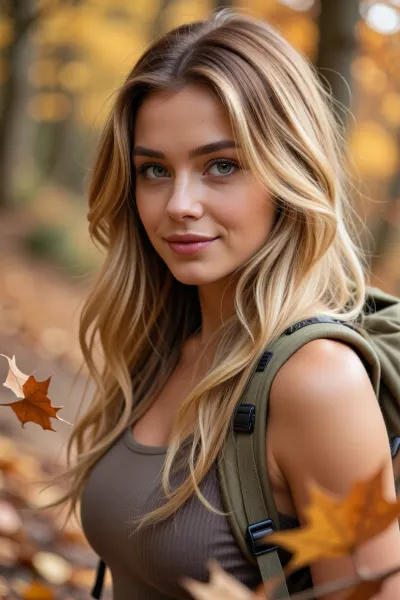 (girl-next-door aesthetic:8), (golden blonde hair with warm auburn accents, long stylish hair, chic center-part haircut, thick voluminous hair:4), (expressive eyes, large eyes, pale green eyes), (soft flirty smile), (tight top, hiking outfit), (cozy outdoor scene with warm vibrant autumn colors, idyllic hiking trail through cozy autumn scenery), (trim athletic body, muscular shoulders), (layered composition, falling leaves in foreground, flattering professional portrait), (soft bokeh)