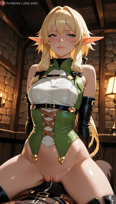 (masterpiece, best quality, highres, photorealistic anime style), High Elf Archer from Goblin Slayer, long blonde hair, blue eyes, slender build, sitting astride a Sybian machine in a tavern's back room, wearing her leather armor, her arms are bound in a single leather sleeve behind her back, the machine is turned on high, her body convulses with forced orgasms, a look of haughty, reluctant pleasure on her face, dim, tavern lighting, explicit, nsfw.