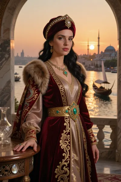 High-end historical documentary film still, shot on 35mm Kodachrome film with a 50mm portrait lens, f/2.0 aperture, shallow depth of field, heavy analogue film grain, raw unpolished photography. Photorealistic, unretouched skin texture showing visible fine pores and natural facial micro-details, no digital smoothing or modern makeup look, 8k resolution. A medium close-up shot of the royal favorite of the great Sultan, (Haseki Sultan), a magnificent 20-year-old Turkish woman with striking Middle Eastern features, sculpted cheekbones, full lips, and long raven-black wavy hair partially tucked under a traditional Ottoman velvet hotoz cap embroidered with pearls and gold threads. She stands in a graceful, dignified pose, captured from the hips up, with one hand resting naturally on a carved wooden side table inlaid with mother-of-pearl. Dressed in authentic 18th-century Ottoman imperial court attire, a rich deep ruby-red velvet entari robe with heavy gold thread embroidery, layered over a sheer silk gömlek shirt. Over her shoulders, a regal brocade caftan trimmed with ermine fur, anchored by an opulent emerald-encrusted gold filigree belt. On the side table, a crystal carafe sits catching the ambient light. In the background, seen through the open arched marble window, a breathtaking cinematic panorama of 18th-century Constantinople unfolds. The Bosphorus strait glitters like molten gold under the setting sun behind her, with the distant silhouettes of traditional 18th-century Ottoman imperial caïque boats with long pointed prows gliding across the water. On the far shore, the iconic skyline of mosques and minarets rises against a warm amber dusk sky, softly blurred by cinematic atmospheric depth. Strong golden sunset backlighting creating a dramatic rim light around her hair and silhouette, while her face is softly illuminated by warm reflected ambient light with deep natural shadows. Atmospheric, historically authentic cinema.