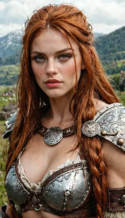 Sexy Valhalla-Woman, Viking, Valhalla, Viking-Woman, sexy viking soldier, wearing viking armor, long hairs, serious look, beauty face, perfect face, perfect viking sexy body, perfect skinn, perfect eyes, perfect breasts, erotical pose, sexy pose, revealing small breasts, brunette long hair, perfect real face, high detailed face, perfect hands, viking beauty, strict, breasts, cutout, The picture should be as realistic as a scene from the real world
