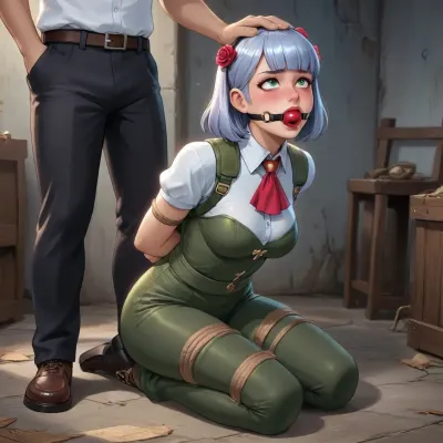 noelle from genshin impact dross style reiq meets wearing green tactical vest and dark pants, kneeling on floor in contorted pose, beige rope bondage wrapped around arms, torso, and legs, black face harness with ballgag, hands bound behind back, sweat on skin, blushing, distressed expression with mouth gagged, dark grey background, anime art style, fanart, explicit, nsfw
