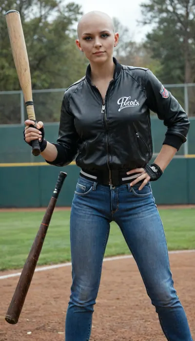 A bald, completely hairless blue-eyed Slavic woman in a leather jacket, jeans and bortforts, holding a baseball bat, stands in the backyard