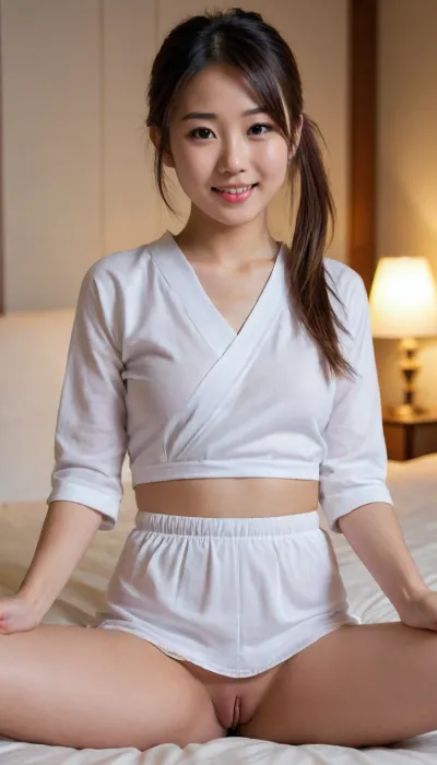 beautiful sexy 20 year old japanese woman posing japanese clothing with no panties, no makeup, Brown eyes, ponytail, 3/4 view, bare legs, sitting legs spread outwards and not crossed on her bed, good hands, perfect fingers, (vagina), (shaved pussy), and also not wearing any panties with visible pussy and covered boobs and smiling
