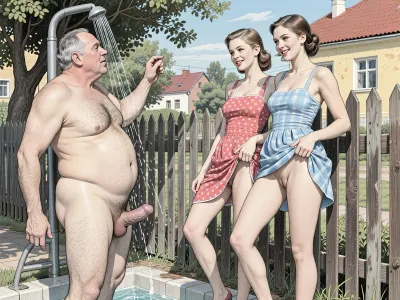 This is is a detailed monochromatic pencil drawing in a classical illustrative style depicts a scene set in USSR in 1950s, bright, colorful colors, the suburban area is divided by a fence, on one side of the fence a naked hairy obese old man with a flaccid penis is washing in the summer shower, on the other side of the fence 2 very beautiful nice skinny girls with seductive faces in summer sundresses are watching him, The girls lifted up the hems of their sundress, their very hairy pussies are visible, Vulgar smiles on the girls' faces, The overall mood is intense, rendered in fine, expressive line work and subtle shading, evoking the style of 1950s satirical or moralistic illustrations.
