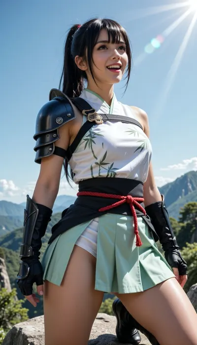 (Masterpiece, Top Quality), Close-up shot of a cute samurai princess. Sleeveless white koso with a bamboo pattern and a pale green edge on the inside of the koso on top. Entirely bare arms. Pale green pleated skirt. A large black pauldrone on her left shoulder. Black fingerless combat gloves. Black sash with a red cord. Black smooth long hair style with bangs. Feminine muscular body and firm upper body. Japanese actress's face with an extremely cute face. Black kyuhan on her feet. Standing on top of a large rock on a mountain. In a joyful expression, looking upward and around, clarity sky and intense sunlight, prisms of sunlight, vibrant green trees on distant mountains. Extremely realistic skin. Photorealistic. Overwhelming realism. Cinematic and dramatic atmosphere. Rich texture and detailed environment. Like a movie scene.