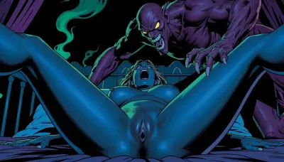 An internal adult horror comic book page, vintage 1980s American dark graphic novel art style. A dramatic low-angle perspective of a voluptuous woman lying on her back on a bed, viewed from between her widespread legs. Her body is completely bathed in a deep cinematic blue light, her large breasts and pubic area fully exposed, her face upside down, screaming in terror. Looming over her from the shadows is a terrifying, muscular purple-skinned demon with glowing yellow eyes, sharp fangs, and long claws, reaching down aggressively. Ominous wisps of green and purple smoke drift in the background. High contrast chiaroscuro, heavy ink shadows, dramatic neon color palette.
