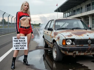 A photorealistic image of a young beautiful Scandinavian woman with long, straight, platinum blonde hair, standing full-length on a racetrack next to her old rusty run down 1985 Yugo GV, faint smoke coming from the engine of the 1985 Yugo GV. She is wearing a red, black, and white cropped top that is pulled down below her breasts, leaving them exposed. She is also wearing very short shorts in the same color as the top, a belt, and black patent leather high-heeled boots. Around her neck is a long, thin silver chain. The woman looks at the camera defiantly and with a slight smirk, holding a sign that reads WIN THE RACE—AND YOU CAN FUCK MY ASS, To her right, a rusty run down 1985 Yugo GV is visible, featuring one broken headlight, old worn out tires one of witch is completely deflated, and a rusting body, a large oil slick has formed under the car. In the background are the asphalt of the racetrack, metal guardrails, a modern grandstand made of concrete and glass, and a cloudy daytime sky. Diffused natural light, high detail in the leather, fabric, metal, and reflections, cinematic composition
