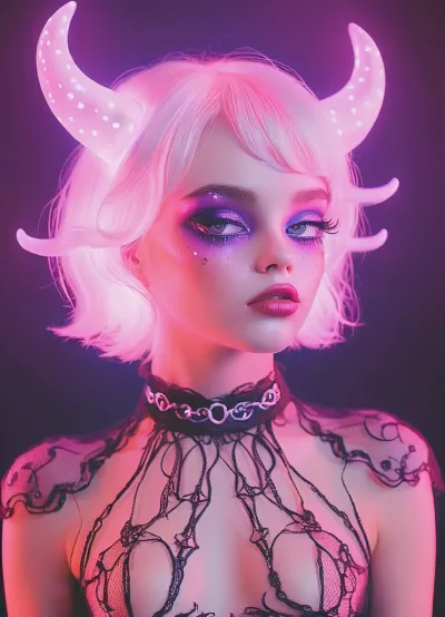 Side view. girl Hot pink, deep purple, witchy, Unsettling, tiny little t33n girl, sex mantra, sex demon, illusive, ominous, evil, demonic, devil, whore, deceitful, horror, pure fear, terror, scary, demons, unknown, hallucinations, young, 18yearold, rogue, fantasy, terrifying, Perfect ai, ideal, iconic, masterpiece, perfect AI gen, the best photo ever, alphabet, small, (unusual, pupils), (glowing, eyes), (magic), holography, xdlx, novuschroma37, style, <lora:Soft_Pastel_Anime:2>, <lora:EnvyPastelAnimeXL01:2>, <lora:Holography:2>, <lora:xdlx_style:2>, <lora:CBS_novuschroma37 style_b3:2>