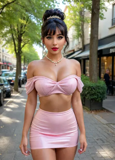 full body view, walking in a busy crowded French boulevard as the sunlight filters through the trees, stunningly beautiful young woman, black hair, ((high updo, styled, black hair with bright highlights and long bangs:1.2)), very very long curly hair, very deep seamless suntan, huge eyes, long black false eyelashes, full professional makeup job, dark red lipstick, ((necklace of large pearls:1.2)), massive breasts, tiny narrow waist, long slender legs, tight pale pink latex micro mini skirt, black sheer transparent off the shoulder gypsy top, bare midriff, masterpiece, finely detail, highres, 8k, photorealistic, perfect illumination, best shadow, best shot, soft lighting, perfect fingers, ((Ultimate realistic photo details:.8)), dynamic sexy pose, ((bright sunlight:.8)), detailxl, dark, skin, huge, breasts, massive, <lora:attractive_notrigger:1.6>, <lora:sdxl_photorealistic_slider_v1-0:2>, <lora:Darker_skin_SDXL:1.6>, <lora:SDXL_MassiveCowsLoRA_v1:.8>