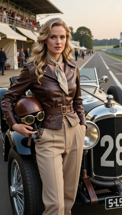 Image from a high-end historical documentary, shot on 35mm Kodachrome film with a soft-toned vintage color palette, 50mm portrait lens, f/2.0 aperture, shallow depth of field, natural and pronounced film grain, raw, unretouched photograph. Photorealistic rendering, 8K resolution, natural skin texture with visible fine pores and realistic micro-details.

Medium close-up shot of a stunning 25-year-old female race car driver from the 1920s, posing proudly beside her vintage race car. She has striking, refined European features and long, wavy blonde hair cascading naturally over her shoulders in soft, 1920s-style curls. She wears a fitted, period-accurate racing outfit, a brown leather driving jacket cinched at the waist with gold buttons, beige breeches, and a silk scarf loosely knotted around her neck. In one hand, she casually holds a classic brown leather racing helmet and vintage brass-framed goggles. Her face is rendered with great precision, including realistic highlights in her eyes.

Beside her stands a 1920s Mercedes-Benz SSK Grand Prix car, reproduced with meticulous attention to detail, an exposed polished aluminum hood, massive wire-spoke wheels, prominent dual headlights, flexible external exhaust pipes, and a bold white race number painted on the grille.

The scene takes place on a classic 1920s Grand Prix starting grid, bathed in the warm, slightly hazy light of late afternoon transitioning into early evening. In the background, wooden grandstands filled with spectators in period attire, canvas pit tents, and a track blending dirt and asphalt stretch into the distance. The warm, direct light of the "golden hour" bathes the scene, creating realistic highlights on the metal bodywork and the texture of the leather jacket, while casting soft, striking shadows. The overall lighting evokes nostalgia and romance—an aesthetic that is authentic and evocative of 1920s motor racing.