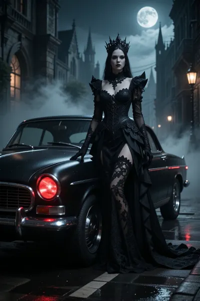 A dark fantasy, a gothic masterpiece depicting the elegant Dark Queen standing next to her matte-black, vintage-style retro car. She wears an intricate, richly decorated black lace gown with a long, flowing train, an obsidian crown, and sharp, pale features. The scene unfolds on an atmospheric, fog-shrouded Gothic street at midnight. Eerie moonlight and glowing crimson taillights cut through the fog, reflecting off the wet asphalt. Mesmerizing beauty, high detail, dark, rich colors, cinematic lighting