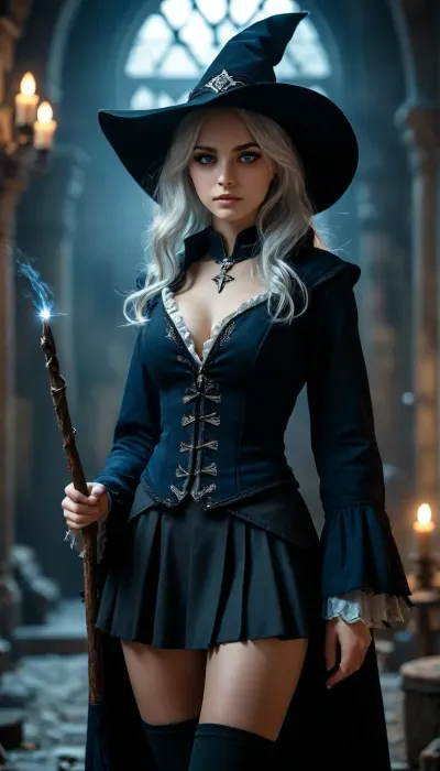 Wizard School, a 18 year old girl, in an old dark dungeon with no windows an no light, full body view, silver hair, perfect eyes, perfect face, perfect lighting, beautiful, high detail, octane render, detailed eyes, (full-body shot), (sexy female wizard student), holding a small wizard wand, light at the tip of the wand, black wizard hat, black school uniform, black blouse, short black skirt, black cloak, boots, black eyeliner, deep cleavage, big firm breasts, open blouse, athletic body, silver necklace, no panties, JS_ShortSkirt, (shadows:.1), 8k, best quality, (masterpiece), (intricate details), bright, blue, eyes, <lora:MJ52:.8>, <lora:Portrait_perfection:.8>, <lora:bright_blue_eyes:.8>