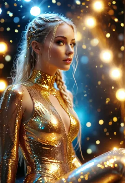 wild futuristic woman, 40 yo, shining metallic bodysuit suit studded with diatoms, iridescent colours, long braids white high pony tail, sitting on podium, dynamic, glitter bombs bokeh, glitter and lens flares, astral projection, uturistic sparkles, gold sparkles, shimmer glisten, face gold sparkles, extreme surreal, maximum aperture. /KlTTY-ART/, <lora:COMFYUI_mimic_landscape_-_XL_SDXL v2.0:.1>, <lora:attractive_notrigger:.1>, <lora:MJ52:.5>