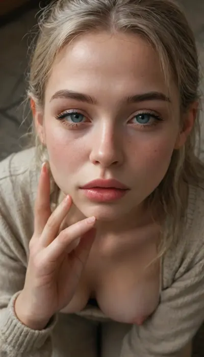 ziprealism, (score_9, score_8_up, 1girl), closeup shot, sharp focus, high saturation, high contrast, high angle, focus on eyes, perfect eyes, perfect hands, bright makeup, long eyelashes, full lips, (sultry facial features, 18yo beauty, naughty whore), (natural breasts, tight breasts, deep cleavage, loose comfy sweater, nipple slip, cozy labia, intimate moment:2), (seductive smile, wide shameless eyes, horny pose, blushing, flushed chest:2), (freckles, flushed face), (vibrant auburn hair, long hair hanging loose), igbaddie, <lora:igbaddie-XL:2>, <lora:add-detail-xl:2>