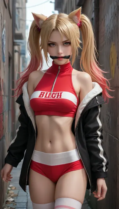 A high-resolution, cinematic portrait of a mischievous female anti-hero with bleach-blonde hair styled into high pigtails, featuring one side dipped in pastel pink and the other in pastel blue. She wears a vibrant, two-tone satin bomber jacket split down the middle in crimson red and cobalt blue. Her face features smudged dark eyeliner, a subtle heart tattoo on her cheekbone, and a playful, chaotic smirk. She is leaning against a graffiti-covered brick wall in a dark, neon-lit city alley. The scene is illuminated by dramatic cyan and magenta rim lighting, creating deep shadows and a moody comic-book atmosphere., gougou, animal_ears, thighhighs, scowl, gagged, <lora:gougou_XL_1_-000004:2>