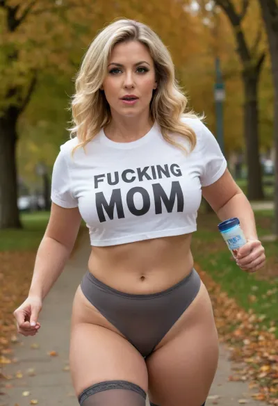 Highly detailed, ultra realistic, (back view, from behind:1.6), (running in living public autumn park outdoor:1.6), A fat busty mature MILF 50 years old, huge massive tits, dressed as a whore, elegant backpack, (bottomless:1.2), (belt:1), white sneakers, (good visible big puffy naked labia:1.6), (showing big text “Fucking Mom” on white T-shirt:1.7), massive tits and prominent nipples stretching the shirt fabric, (torn dark-grey stockings:1.4), too much makeup, dirty blonde hair in a messy beehive style, bright colours, deep shadows, logo, text, sign, that, says, the, word, <lora:texta:2>