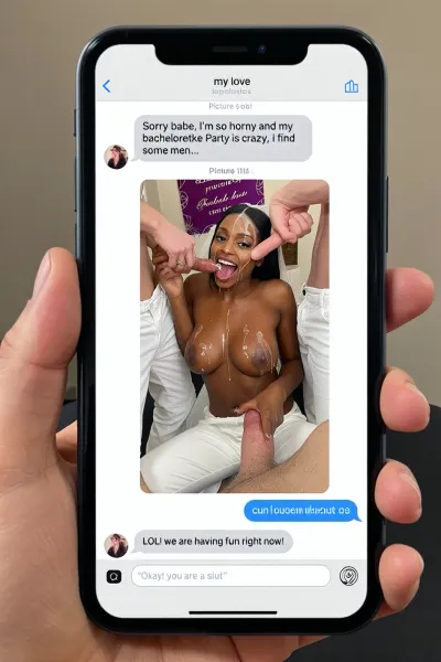 full screen, a man's hand is holding a smartphone, neutral room background, on the screen showing a selfie photo in a text message chain in perfect letters with a title at the top of the screen that says, "my love" below in perfect letters, in the the chat says, "Sorry babe, I'm so horny and my bachelorette Party is crazy, i find some men...", picture title next that says "LOL! we are having fun right now!", next is a picture of the hot black skin girlfiend, 3/4 full body shot of happy ultra black skin woman wearing wedding dress with realistic shots of cum on her forehead, facial, open mouth, a lot of shots of cum on her boobs, (cum in mouth:1.3), cum dripping from mouth, wedding dress lowered show her natural boobs, (((she is squatting on the cock of her white skin husband under her))), (((husband penis is deep inside her pussy))), (((she is riding the penis of her husband))), . other white skin men with hard cock out of their pants stand around her, she grab two cocks and jerk them off, (((she put a cock deep in her mouth))), (((deepthroat))), all men are dressed. bachelorette party, bride to be on banner on the wall, in a prive of a club, photografer take pictures, some guests watch and film with smatphone, bukkake, (((cumshot on her boobs and face))), (((realistic shots of cum on boobs))), cum dripping from cin., husband reply, "Okay! you are a slut!"