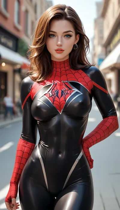Spider-Man shown webbing up sexy girl wearing revealing tight super villian costume