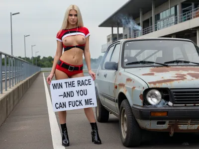 A photorealistic image of a young beautiful Scandinavian woman with long, straight, platinum blonde hair, standing full-length on a racetrack next to her old rusty run down 1985 Yugo GV, faint smoke coming from the engine of the 1985 Yugo GV. She is wearing a red, black, and white cropped top that is pulled down below her breasts, leaving them exposed. She is also wearing very short shorts in the same color as the top, a belt, and black patent leather high-heeled boots. Around her neck is a long, thin silver chain. The woman looks at the camera defiantly and with a slight smirk, holding a sign that reads “WIN THE RACE—AND YOU CAN FUCK ME, ” To her right, a rusty run down 1985 Yugo GV is visible, featuring one broken headlight, old worn out tires, and a rusting body. In the background are the asphalt of the racetrack, metal guardrails, a modern grandstand made of concrete and glass, and a cloudy daytime sky. Diffused natural light, high detail in the leather, fabric, metal, and reflections, cinematic composition