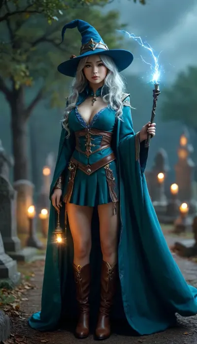 Wizard School, by night, at a hill, in the entrance of a cemetery, half moon, darkness around, 8k, best quality, (masterpiece), (intricate details), perfect eyes, perfect face, perfect lighting, beautiful, high detail, octane render, detailed eyes, (full-body shot), (sexy female Asian wizard student, curvy body, large breasts, silver hair), blue silver wizard school uniform with ornaments, blue wizard hat, black wizard cloak, boots, black eyeliner, cleavage, large breasts, performing magic with wand in hand, showing modest cleavage, Craft a luminescent multicolor lightning bolt, JS_ShortSkirt, <lora:MJ52:.8>, <lora:Portrait_perfection:.8>, green, eyes, blue, brown, perfecteyes, <lora:PerfectEyesXL:.8>