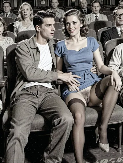 This is a detailed monochromatic pencil drawing in a classical illustrative style depicts a scene set in in the movie theater in the 1950s, 1 younger guy and 1 older woman, The younger guy 's hand is on the woman's crotch, The younger guy touchs milf's hairy labia by fingers while watching the movie, woman smiling, younger guy look at her, woman is wearing a 1950s blue dress and Her dress is slightly pulled up, pubic hair, hairy pussy, lshe is wearing brown stockings but no panties, lady heels. her genitals are slightly visible, Her knees are spread, the guy is casually dressed with unzipped open trousers, with brown hair, younger guy is looking sexually aroused and lustful, head tilted back enjoying, candid amateur picture, younger guy is fully visible, (((both younger guy and woman are looking straight ahead at camera))), The overall style is a black and white pencil drawing, capturing a candid moment. The scene has a formal, organized atmosphere.The cinema is full of people sitting, The overall mood is intense, rendered in fine, expressive line work and subtle shading, evoking the style of 1950s satirical or moralistic illustrations.