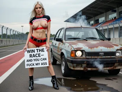 A photorealistic image of a young beautiful Scandinavian woman with long, straight, platinum blonde hair, standing full-length on a racetrack next to her old rusty run down 1985 Yugo GV, faint smoke coming from the engine of the 1985 Yugo GV. She is wearing a red, black, and white cropped top that is pulled down below her breasts, leaving them exposed. She is also wearing very short shorts in the same color as the top, a belt, and black patent leather high-heeled boots. Around her neck is a long, thin silver chain. The woman looks at the camera defiantly and with a slight smirk, holding a sign that reads WIN THE RACE—AND YOU CAN FUCK MY ASS, To her right, a rusty run down 1985 Yugo GV is visible, featuring one broken headlight, old worn out tires, and a rusting body, a large oil slick has formed under the car. In the background are the asphalt of the racetrack, metal guardrails, a modern grandstand made of concrete and glass, and a cloudy daytime sky. Diffused natural light, high detail in the leather, fabric, metal, and reflections, cinematic composition