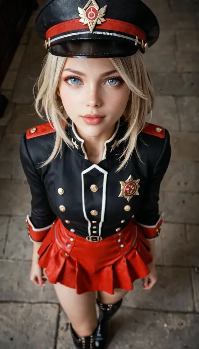 Adult female, 22 years old pornstar, hooker, whore, Alisa Ilinichina Amiella, god eater2, anime style 3D render, cel shaded, Unreal Engine 5, Genshin Impact style, expressive eyes, detailed face, cinematic lighting, soft shadows, ray tracing, best quality, cowboy shot from above ultra wide-angle from head to feet, official costume, skirt, hat, (ultra skinny:1.2)