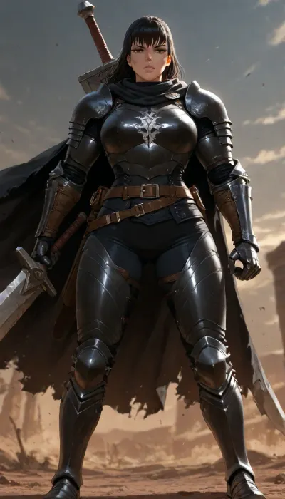 Female Guts from Berserk, genderbent version of Guts the Black Swordsman, tall powerfully built woman with muscular yet feminine physique, broad shoulders, strong arms and legs, defined abs, large breasts, long messy black hair partially covering one eye, intense golden-brown eyes, multiple battle scars across face body and arms, large vertical scar across the bridge of the nose, missing left forearm replaced by a mechanical prosthetic arm with built-in cannon, wearing canonical Black Swordsman armor, black iron chest plate, shoulder pauldrons, arm guards, heavy leather straps and belts, dark pants, iron greaves and boots, tattered black cape flowing behind, holding the massive Dragonslayer greatsword resting on her shoulder, dark gritty atmosphere, blood and dirt on armor and skin, fierce determined expression, highly detailed, realistic anatomy, dramatic lighting
