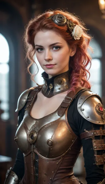 beautiful sexy slender young lady, hot sweaty pale white skin, kind soft, flirty eyes, flirty smirk smile, rough tangled rose hair, intricate mechanical clockwork body armour, steam punk
