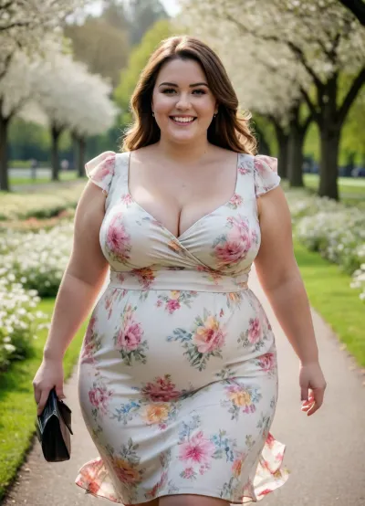 natural looking bbw in flower dress, light colours, walking in park, large breasts, smiling