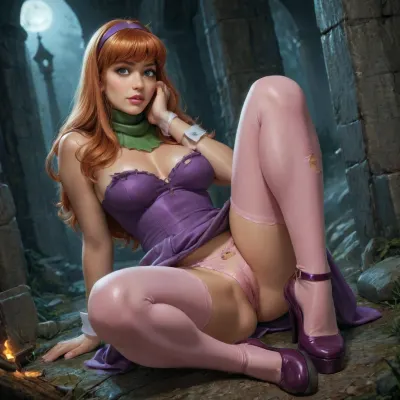 (Reiq style), Hyper-realistic image, a dark cemetery, with the dim presence of gravestones and granite crosses looming close, it is an ominous atmosphere. Daphne Blake, orange-red hair, green eyes, fully clothed in her iconic purple mini-dress with lighter purple cuffs and hem, ((pink pantyhose)), pink satin panties, pink satin bra, light purple shoes, (Mary Janes), matching headband, and a green scarf, with her clothes totally torn and tattered, ((torn dress)), torn pantyhose, torn panties, seductive pose, embarrassed, covering, begging, temptation, inviting, passion, curvy, rotated, angle, garish pulp colors, hyper-detailed, <lora:detailed_notrigger:.8>, <lora:tornclothesv6-8:.5>