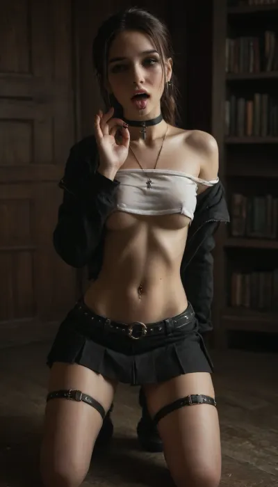 score_9, score_8_up, score_7_up, beautiful girl inside a old library, her name is Jane, it’s night and dark, she is on the kneeling in the wariza position, she is doing fellatio gesture, her tongue is out, she is drooling saliva and cum over her tits, she is bratty and naughty, she wears a open zipper black hoodie and a loose white croptop underneath, she has a nipple bar piercing covered by her camisole, she wears miniskirt and the skirt is dark red checkered, white high leg thong under skirt, she wears knee high socks and the socks are white, some old combat boots, she wears a body chain with a cross, BREAK

View from above, full body, head to toe, 18 years old, pale skin, ponytail brown hair with long bangs, beatutiful face, angelic face, beautiful nose, big green eyes, sanpaku eyes, empty eyes, slavic roots, dark alt makeup, black lipstick, black nails, small breasts, small firm butt, very small waist, skinny, petite, perfect hand, slender finger, 5 fingers, saliva, saliva trail, drool, cum string, after fellatio, cum in mouth, cum on tongue, cum on clothes, (tongue out), open mouth, ((wariza)), bratty, outgoing, smirk, naughty face, smug, bad attitude, (fellatio gesture), (mouth pull), ((subcul jirai)), ((clothed)), choker, black oversized hooded jacket, single off shoulder, (white overhang crop top), underboob, wet clothes, (red pleated skirt), white high leg thong, white knee high socks, old combat boots, (waist belt), ((navel cross piercing)), cross ear rings, lip piercing, cross necklace, tongue piercing, (thigh belt), fishnet thigh highs, covered nipple piercing, (arm belt), library, dark, night, highly detailed, masterpiece, best quality, 8k, photorealism, green, eyes, perfecteyes, 4ng3l, face, flat, chested, tongue, out, ahegao, <lora:PerfectEyesXL:1.6>, <lora:SDXL_BetterFaces-LoRA_v1:1>, <lora:dark:.9>, <lora:flat_chested_v3.5:1.1>, <lora:ahegao_sdxl_v4:1.2>