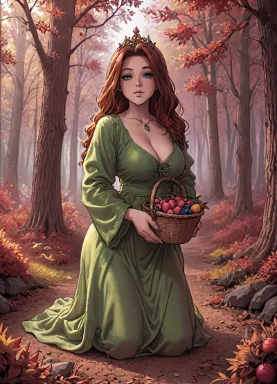 ((Melkor mancin style:1.5)), 1girl, long hair, sweet expression, wearing a green gown, crown of autumn leaves, ((basket)), very deep cleavage, ((kneeling)), dynamic pose, (autumn forest background), acorns, chestnuts, berries, ratatatat74, lineart, line, art, flat, colors, color, <lora:LCMTurboMix_Euler_A_fix:.7>, <lora:ratatatat74-000050:1.1>, <lora:lineartSDXL:1.7>