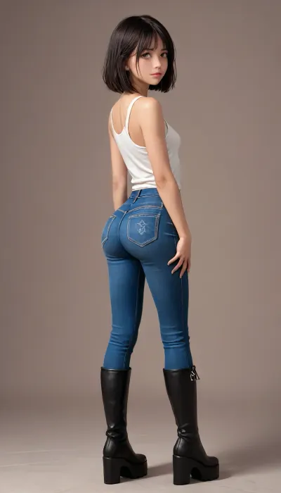 masterpiece, ((rear view)), crying 18 years old girl, wearing, ((white small tight tank top and very short tight jeans miniskirt:1.5)), (gymnastic body, hypnotized loving amber eyes), (((deep seamless suntan:1.5))), beautiful thin face, slim body, narrow waist, ((straight long dark black hair)), small breasts, ((full length view)), (large bubble butt:1.6), (round ass:1.5), highest quality, perfect quality, natural, summer, sunny, big blue rucksack, (((platform knee boots:1.6))), clothes, ((((full body shot)))), ((small breast)), <lora:flat_chested_v3.5:1>, <lora:bottomheavy_v1_sdxl_LoRA:2>, <lora:RMSDXL_Photo:1.3>, <lora:Beautify-Supermodel-SDXL:1.2>