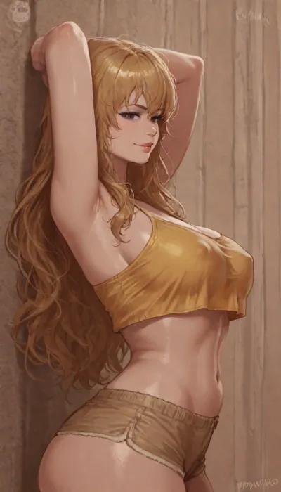Score_9, score_8_up, score_7_up, ((prywinko art style:2.5)), solo, (arms behind her head), side view, (makeup), at abandoned room, large breasts, wavy hair, hourglass figure, sexy pose, tight yellow crop top, denin shorts, hard nipples, side boobies, off shoulder, big breasts, natural breasts, blonde hair, bangs, wide hips, smirk, long length hair, portrait, close up, lineart, line, art, flat, colors, color, <lora:outline_xl_kohaku_delta_spv5x:.5>, <lora:lineartSDXL:.8>