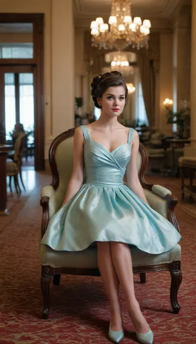 Petite, (wearing a 1960s style prom dress), 25 year old woman, brunette hair, (fancy 1960s style up-do hairstyle), (sitting on an overstuffed chair in the foyer of a grand hotel)