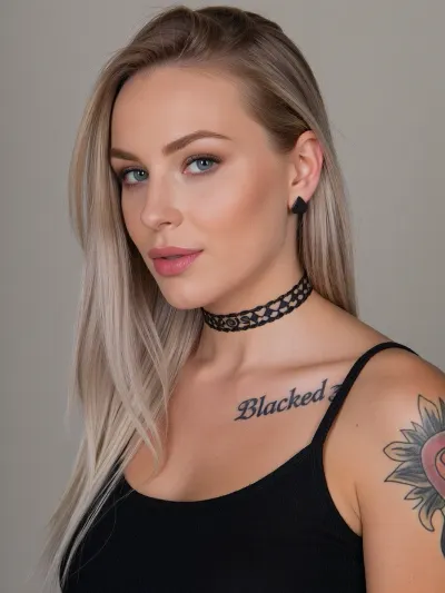 A black top with Blacked written on it, QOS choker, spades tattoo, spades earrings, blonde bleached German woman, 30yo, long hair.