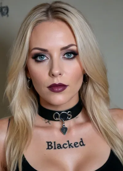 A black top with "‌BLACKED" written on it, ((leather QOS choker)), spades tattoo, spades earrings, strickt face, kinky German woman, 40yo, thick long Dyed blonde hair with dark roots, dark Makeup.