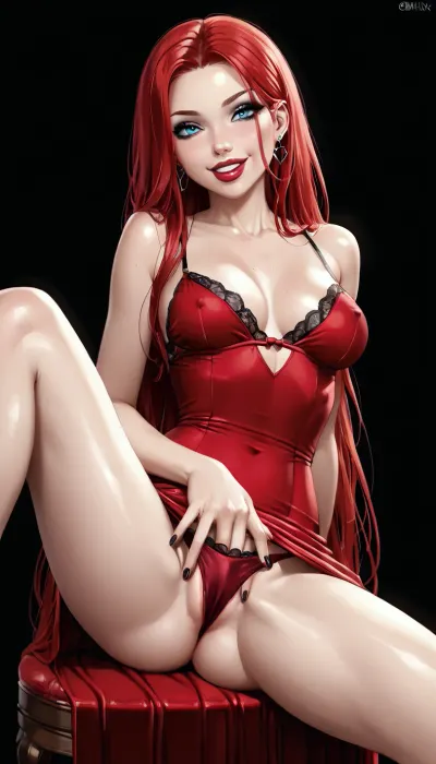 very skinny goth babe, long hair, (skinny:1.5), big blue eyes, full lips, anorexic, thin waist, huge boobs, (large boobs:1.8), beautiful thin face, long straight black and red hair, perfect dark makeup, red lipstick, highly detailed, large, breasts, big, boobs, huge, tits, <lora:rknArouseXL:.8>, <lora:bombshell_v2:1.8>, black background, long red dress, red panties, smiling, sitting on a chair, spreading legs, hand under panties, masturbating