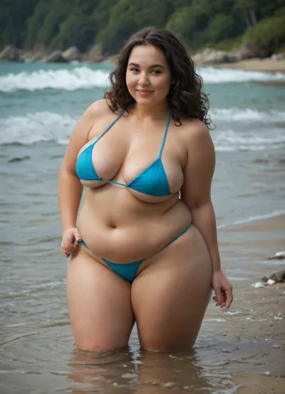 (bbw:1.8), at the beach, (coming out of water:1.5), (bikini top slipped off on one side:1.8), (exposing her large swollen breast), curly, brunette, smiling
