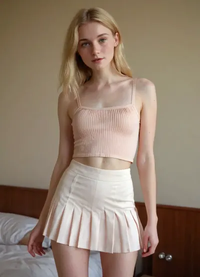my horny pale shy girlfriend, 25 years old, short height, skinny bony figure, french, long straight messy blonde hair, wide shoulders, narrow hips, long thin legs, thin thighs, freckles, (white crop top), (peach-colored pleated micro miniskirt), slimwoman, <lora:slimwoman:1.1>
