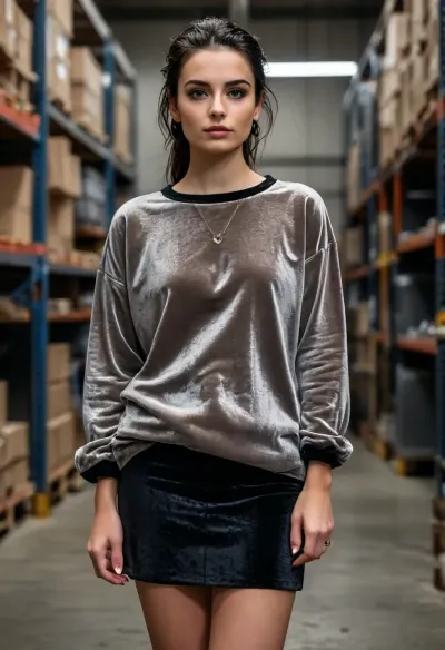 (masterpiece, best quality:1.2), 1 french 25yo woman, lasciviously and glamorous company boss, (she wears a shimmering dark ash colored baggy velvet round neck longshirt, plain black cotton skirt:1.4), inside a modern ditribution warehouse, short slicked-back raven black hair, (modern styled with jewelry, earrings, bangles, necklaces), bright blue eyes, dark sunglasses, photorealism, <lora:style_lora_realis:.5>, <lora:slicked-back_hair-000006:.5>