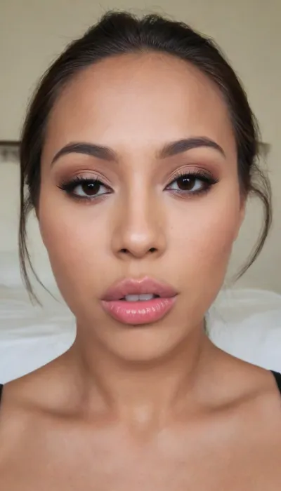 (A Filipina's slut face:1.2), (narrow flat nose with a surgically sculpted tip), (defined jawline with a sharp, masculine edge, high and prominent zygomatic arches, sculpted cheekbones), (27 years old), dark brown tanned skin, (very full lips, mahogany matte lipstick), masculine jaw, looking straight at camera, (closed lips:1.2), face portrait, round face